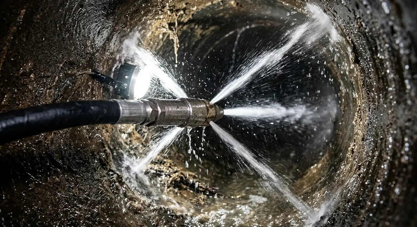 High-pressure hydro jetting nozzle cleaning sewer pipe for Trenchless Sewer Repair in Canandaigua