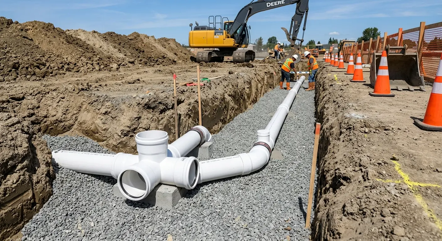 New PVC sewer pipe installation in open trench for Grease Trap Cleaning in Canandaigua