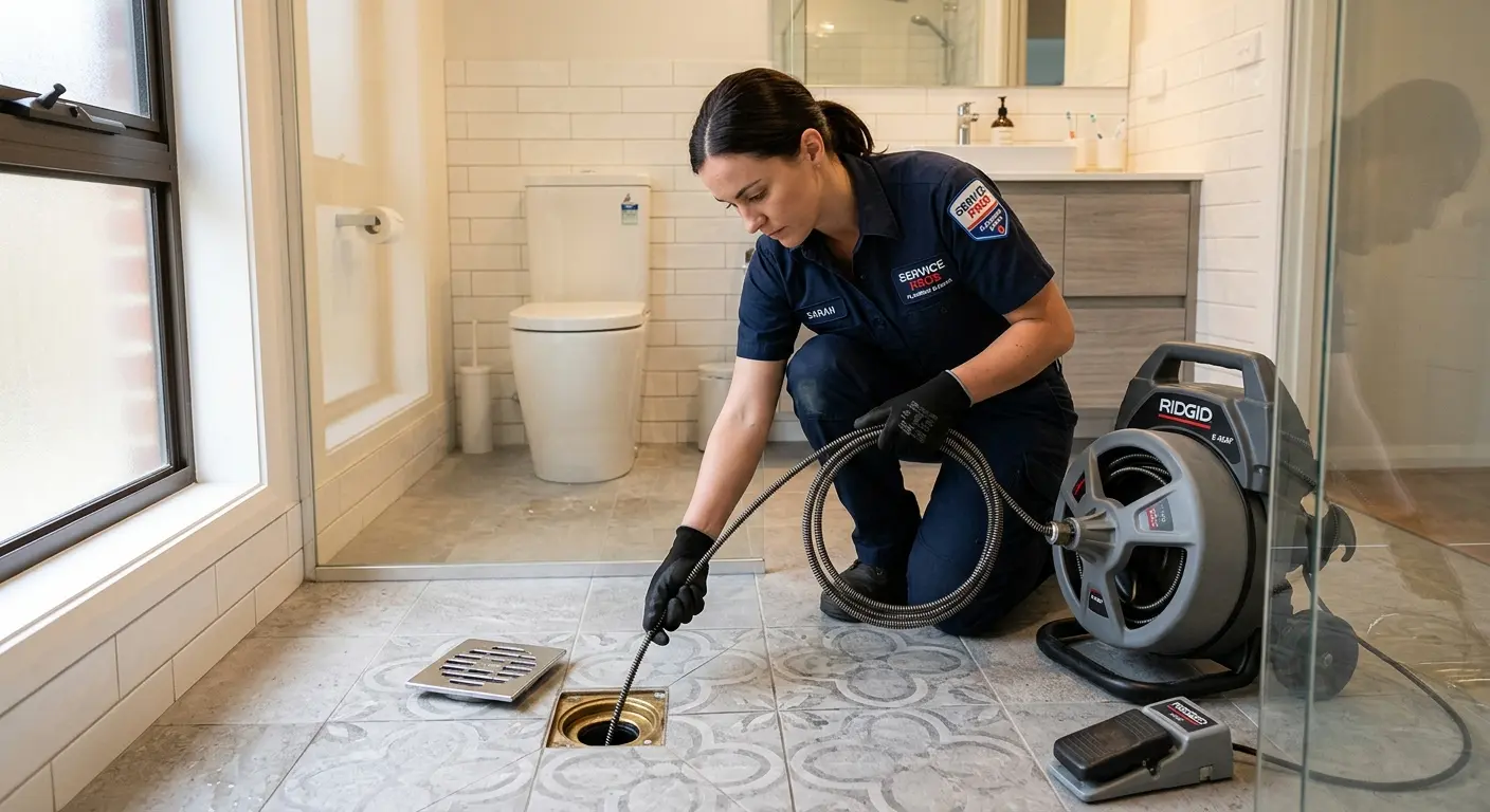 Technician clearing a bathroom floor drain for Sewer Line Installation in Canandaigua